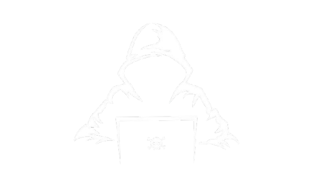 Hooded figure sketching a laptop with a skull emblem